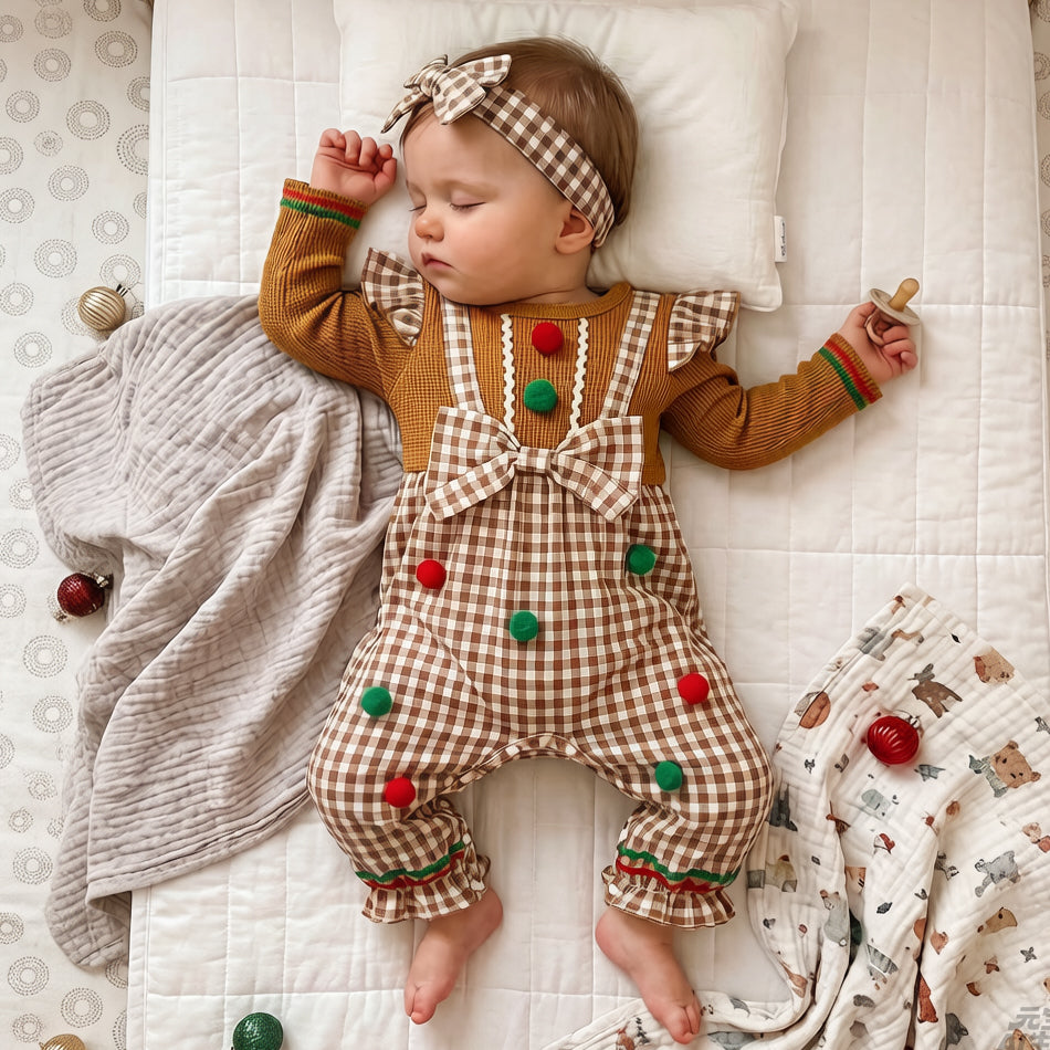 2PCS Christmas Gingerbread Man Plaid Print Baby Jumpsuit