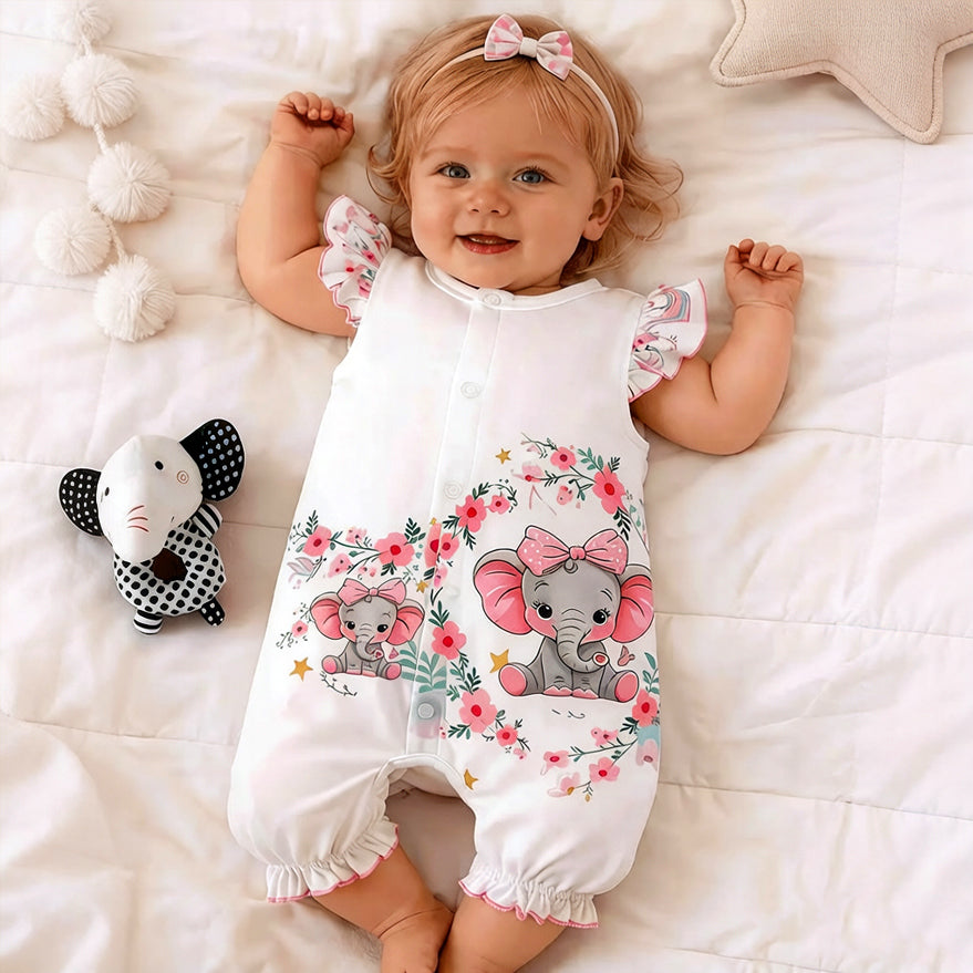 Lovely Elephant Floral Print Flounce Sleeve Baby Jumpsuit