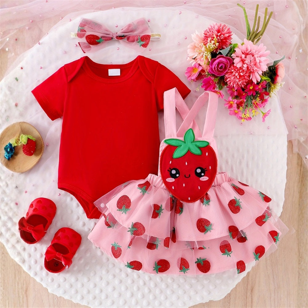 3PCS Sweet Strawberry Printed Short Sleeve Tulle Skirt Baby Set