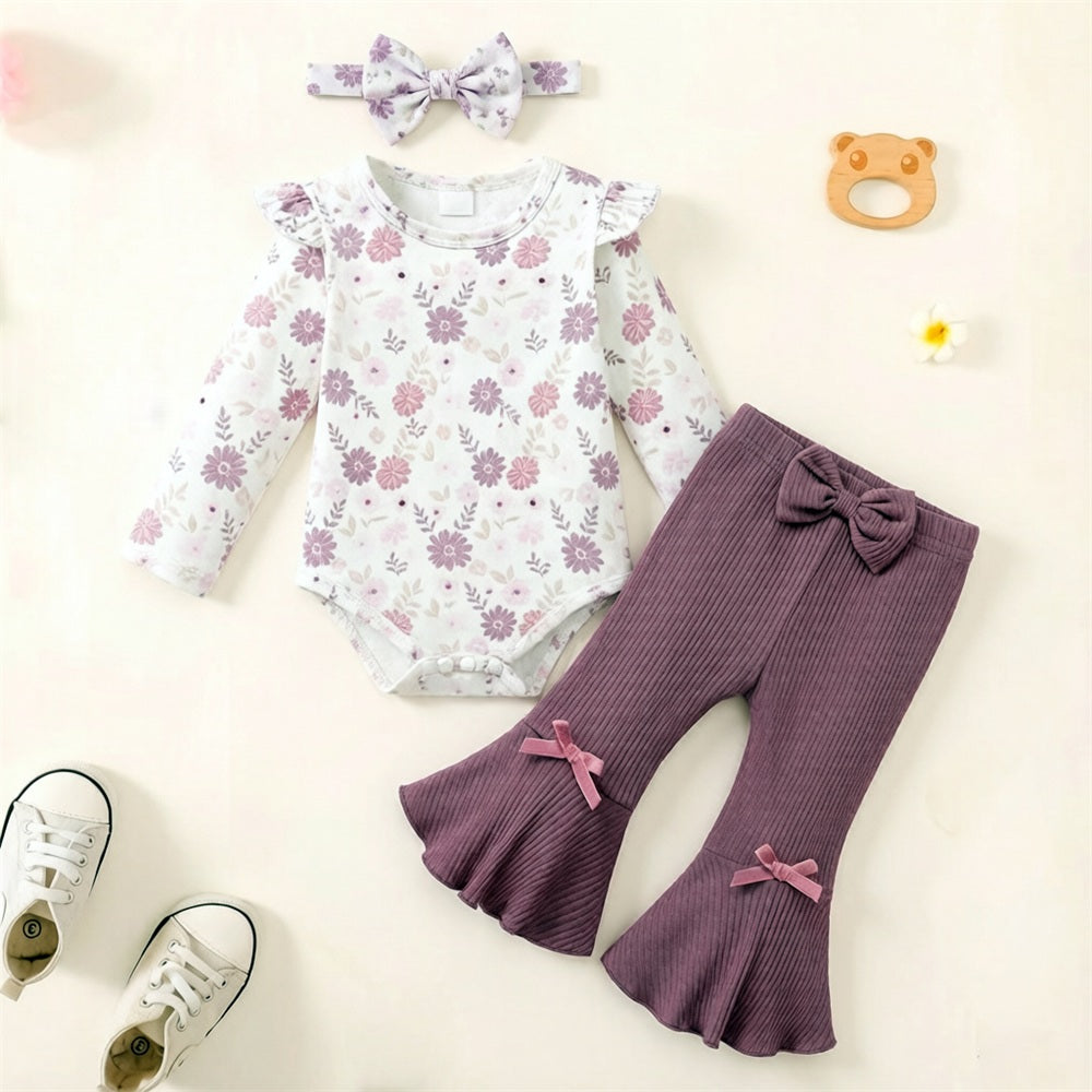 3PCS Classy Floral Print Long Sleeve Bowknot Decor Baby Set