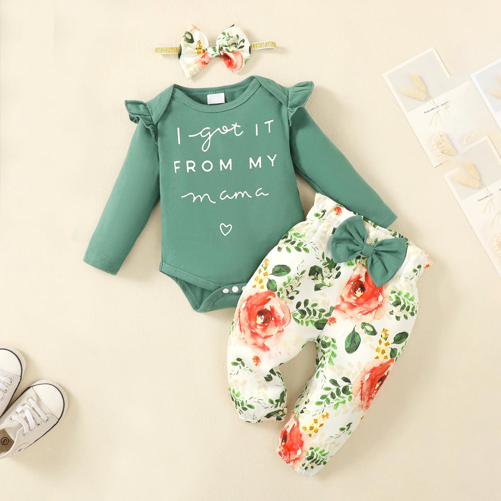 3PCS I Got It From My Mama Letter Floral Print Long Sleeve Baby Set