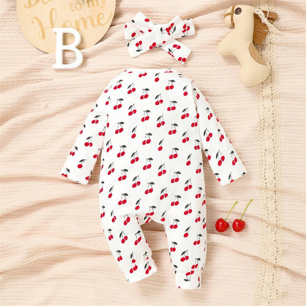 2PCS Delightful Cherry Printed Long Sleeve Baby Jumpsuit