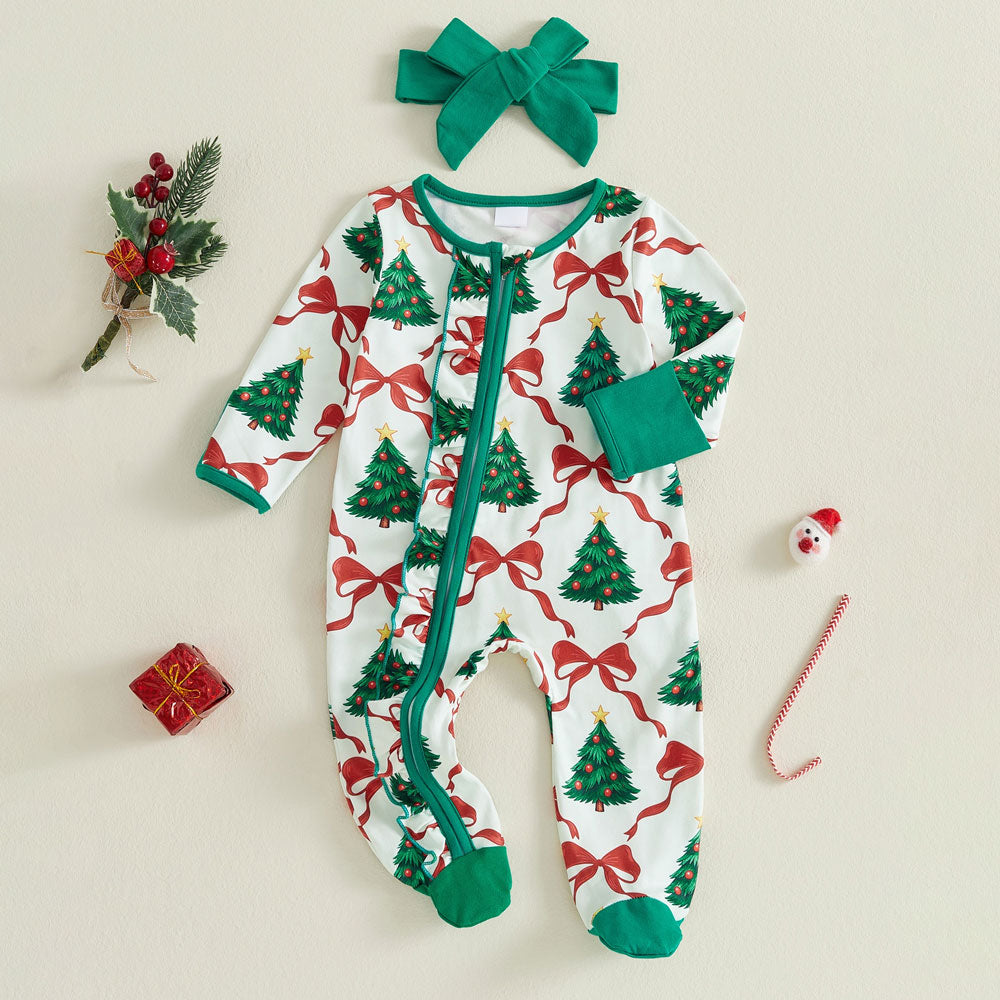 2PCS Christmas Tree Bow Printed Zipper Long Sleeve Baby Jumpsuit