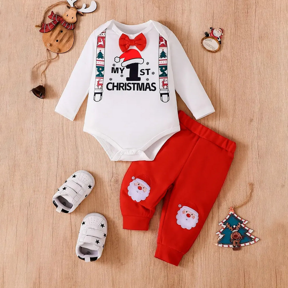 2PCS My 1st Christmas Letter Print Gentleman Long Sleeve Baby Set