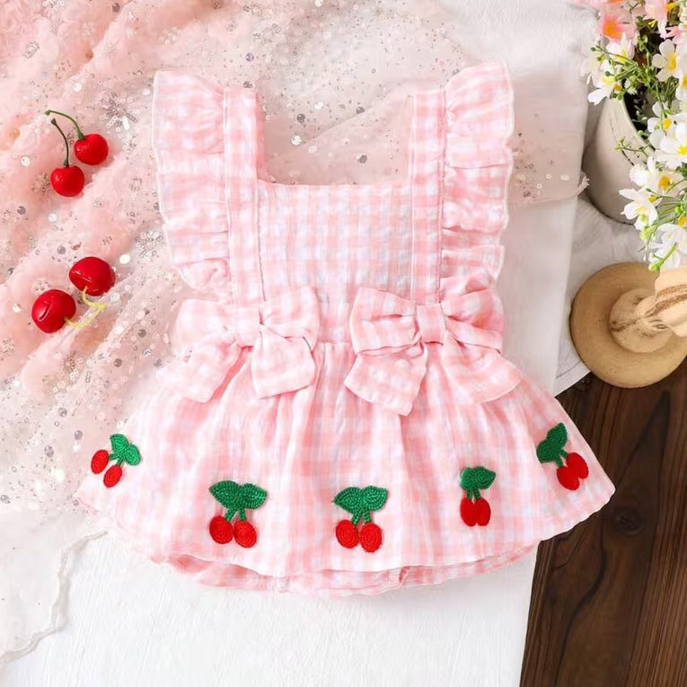 Sweet Cherry Applique Plaid Print Flutter Sleeve Baby Romper