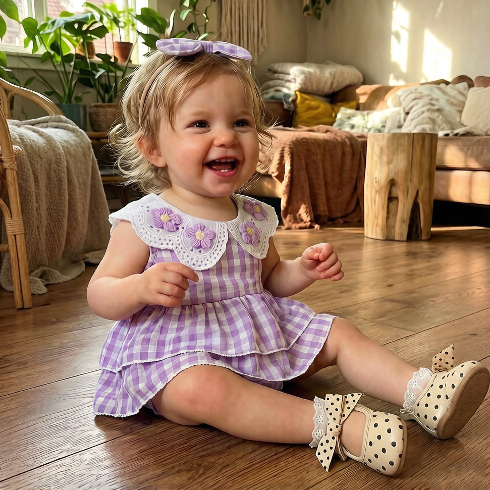 2PCS Grace Floral Appliqué Plaid Print Sleeveless Baby Romper