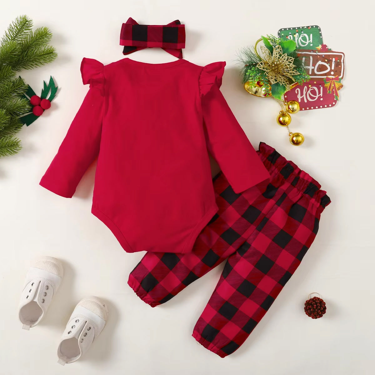 3PCS Sweet My 1st Christmas Letter Plaid Print Baby Girl Set