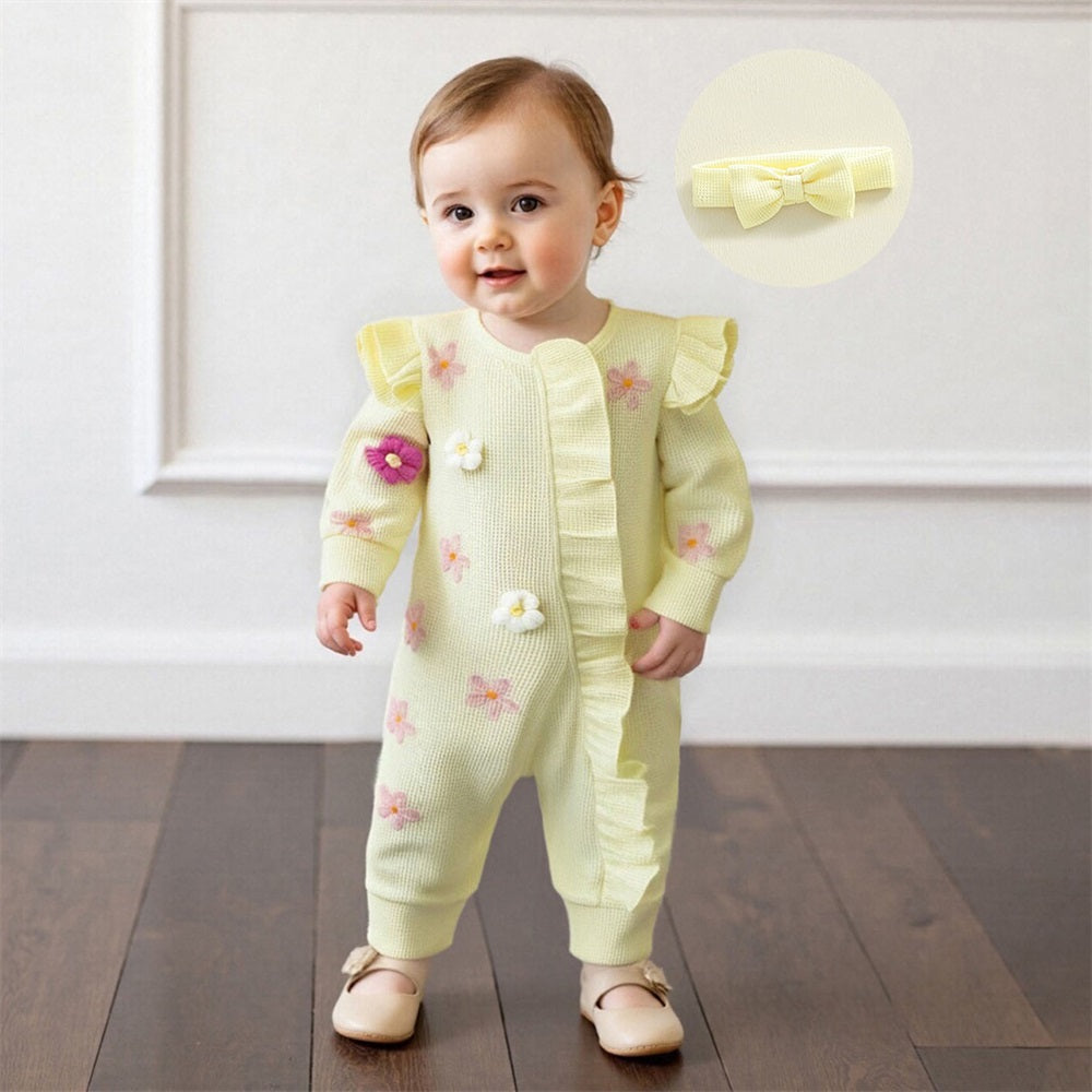 2PCS Cute 3D Flower Ruffled Long Sleeve Baby Jumpsuit