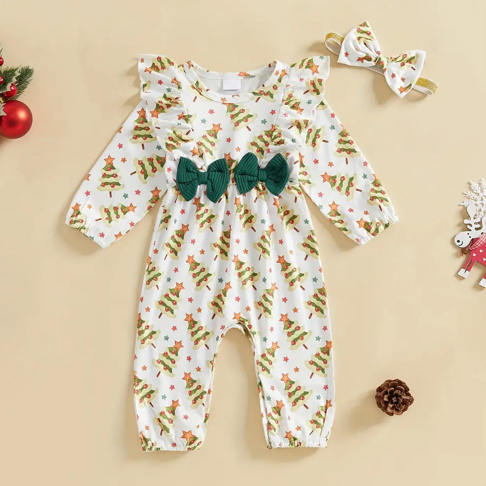 2PCS Christmas Tree Printed Bowknot Long Sleeve Baby Jumpsuit