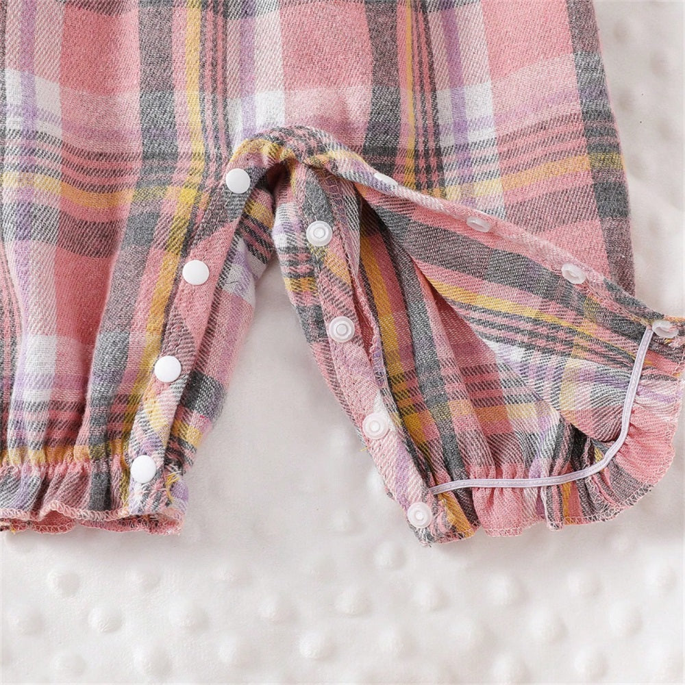 2PCS Sweet Plaid Print Ruffle Long Sleeve Baby Jumpsuit