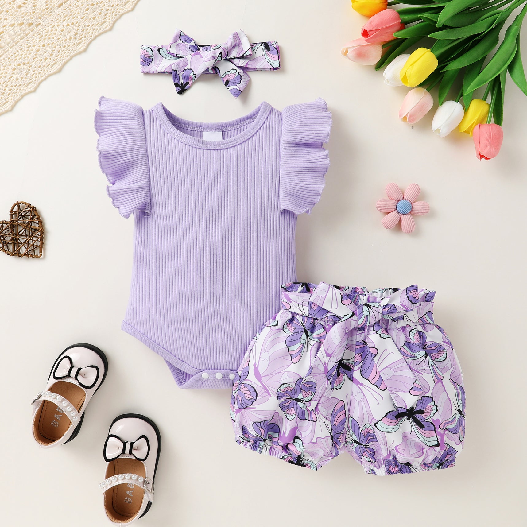 3PCS Sweet Butterfly Printed Sleeveless Baby Set