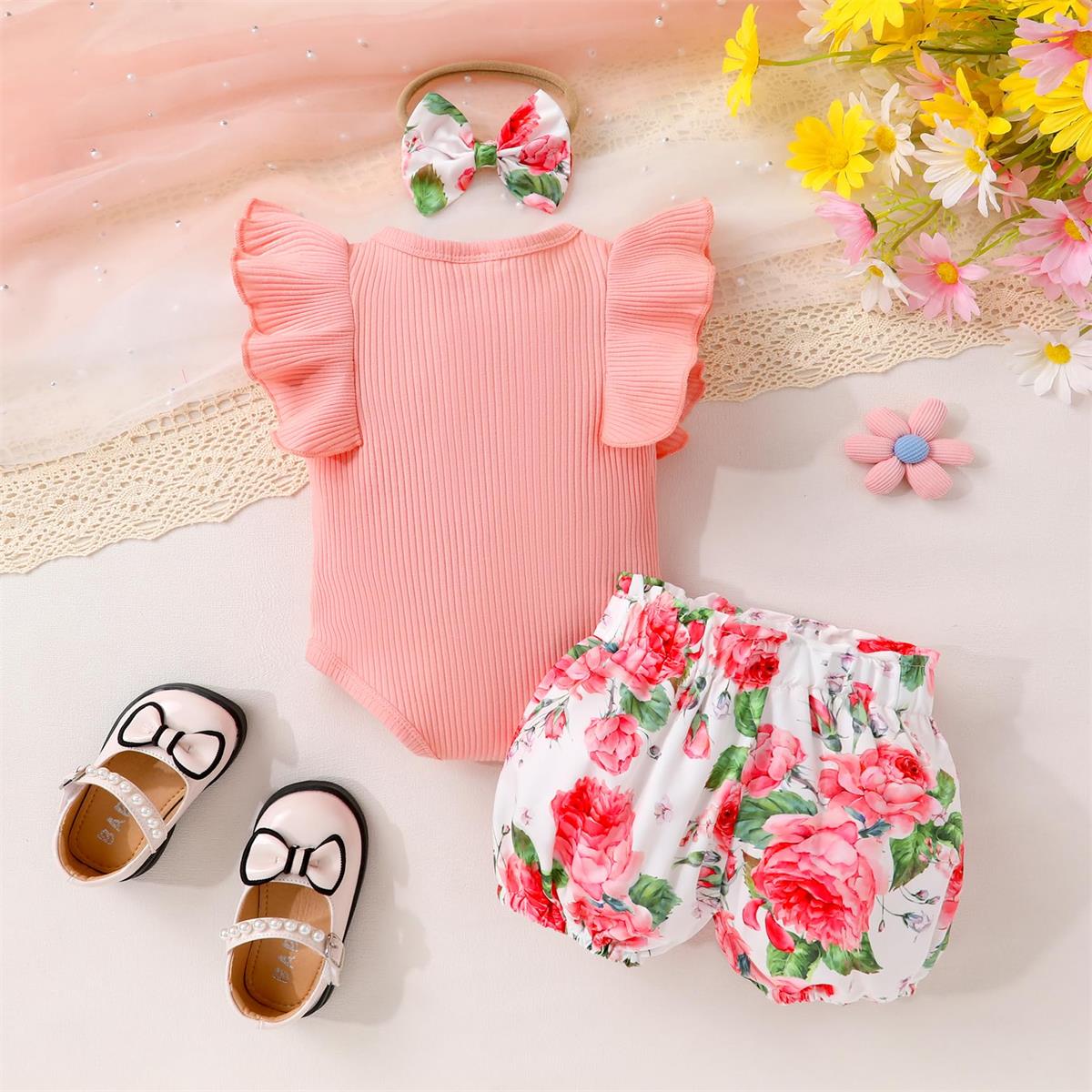 3PCS Cozy Floral Printed Sleeveless Summer Baby Set