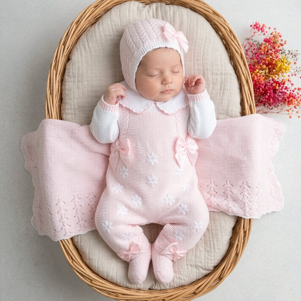 2PCS Sweet Floral Embroidered Knit Long Sleeve Baby Girl Jumpsuit