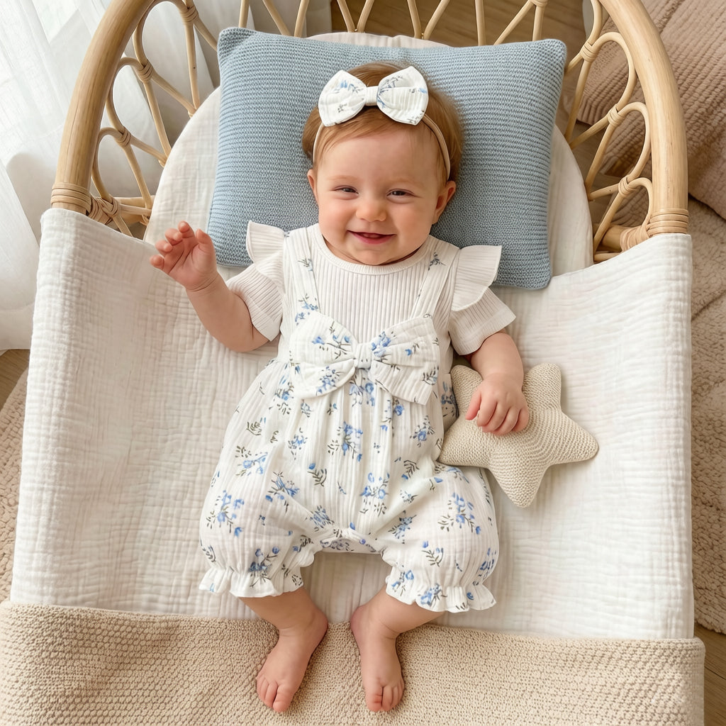 2PCS Neat Floral Print Short Sleeve Baby Jumpsuit