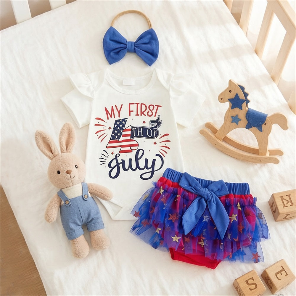 3PCS My First 4th of July Letter Printed Short Sleeve Tulle Baby Set