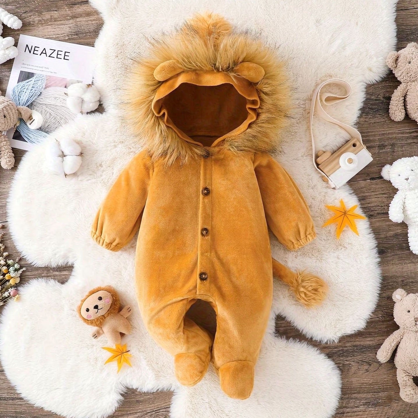 Lovely Fuzzy 3D Lion Decor Long Sleeve Hoodie Baby Jumpsuit