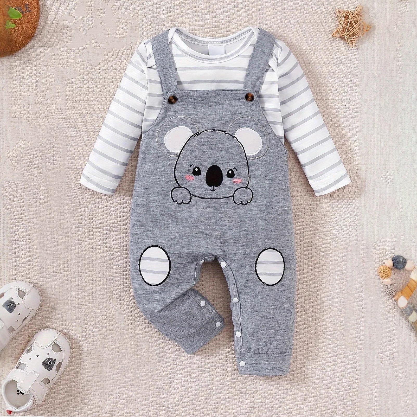 2PCS Koala Stripe Printed Overalls Baby Set