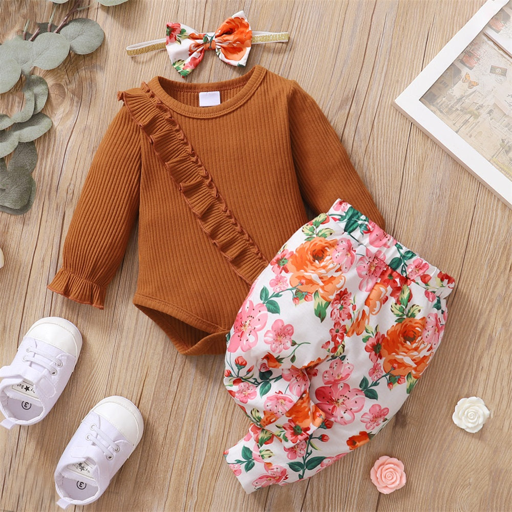 3PCS Casual Floral Print Long Sleeve Baby Set
