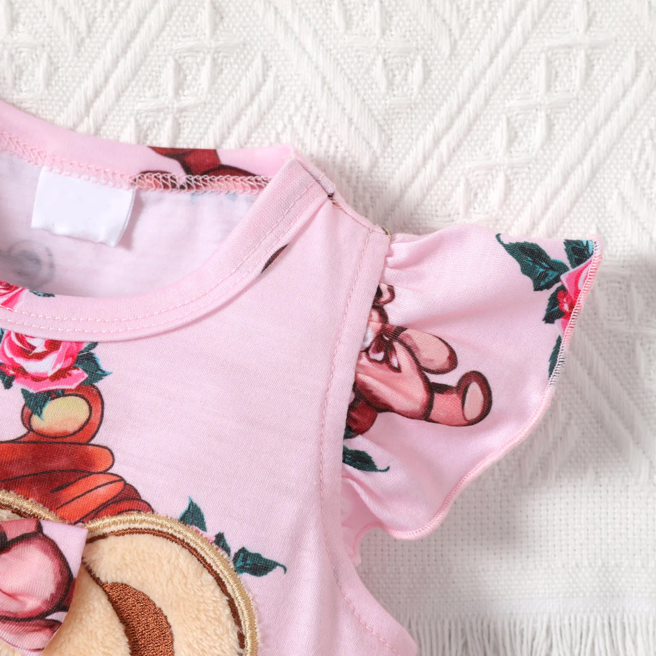 Cheerful Bear Floral Print Flounce Sleeve Baby Jumpsuit