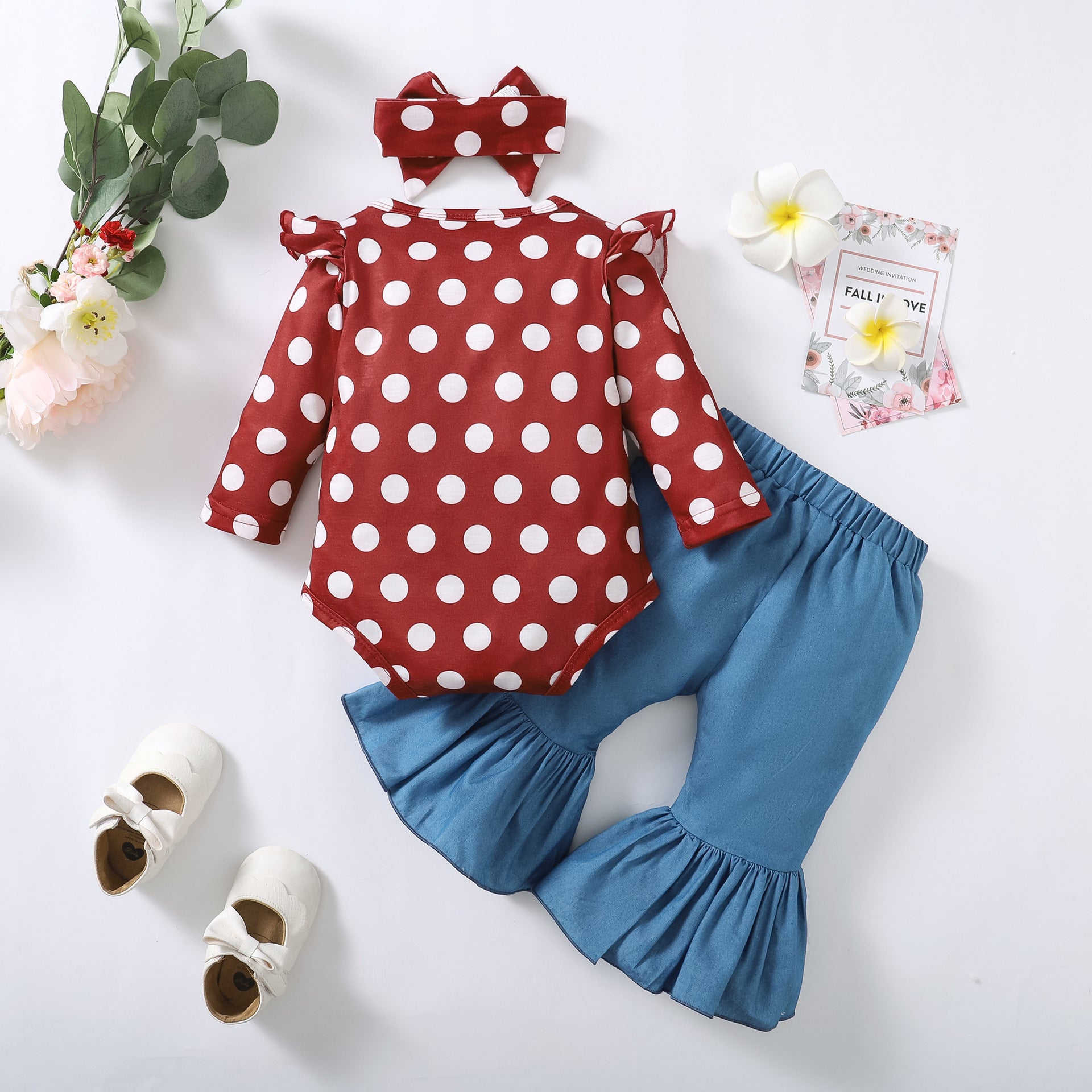 3PCS Stylish Polka Dots Printed Long Sleeve Baby Set