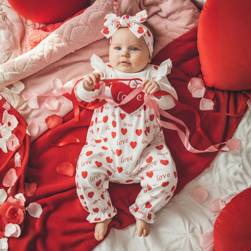 2PCS Cute Love Letter Heart Printed Long Sleeve Baby Jumpsuit