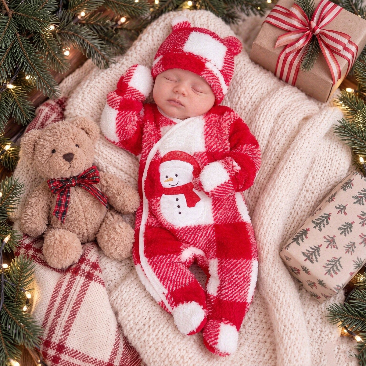 2PCS Lovely Santa Applique Plaid Print Fleece Long Sleeve Baby Jumpsuit