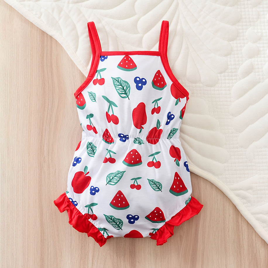 Cheerful Fruit & Leaf Print Sleeveless Baby Girl Romper