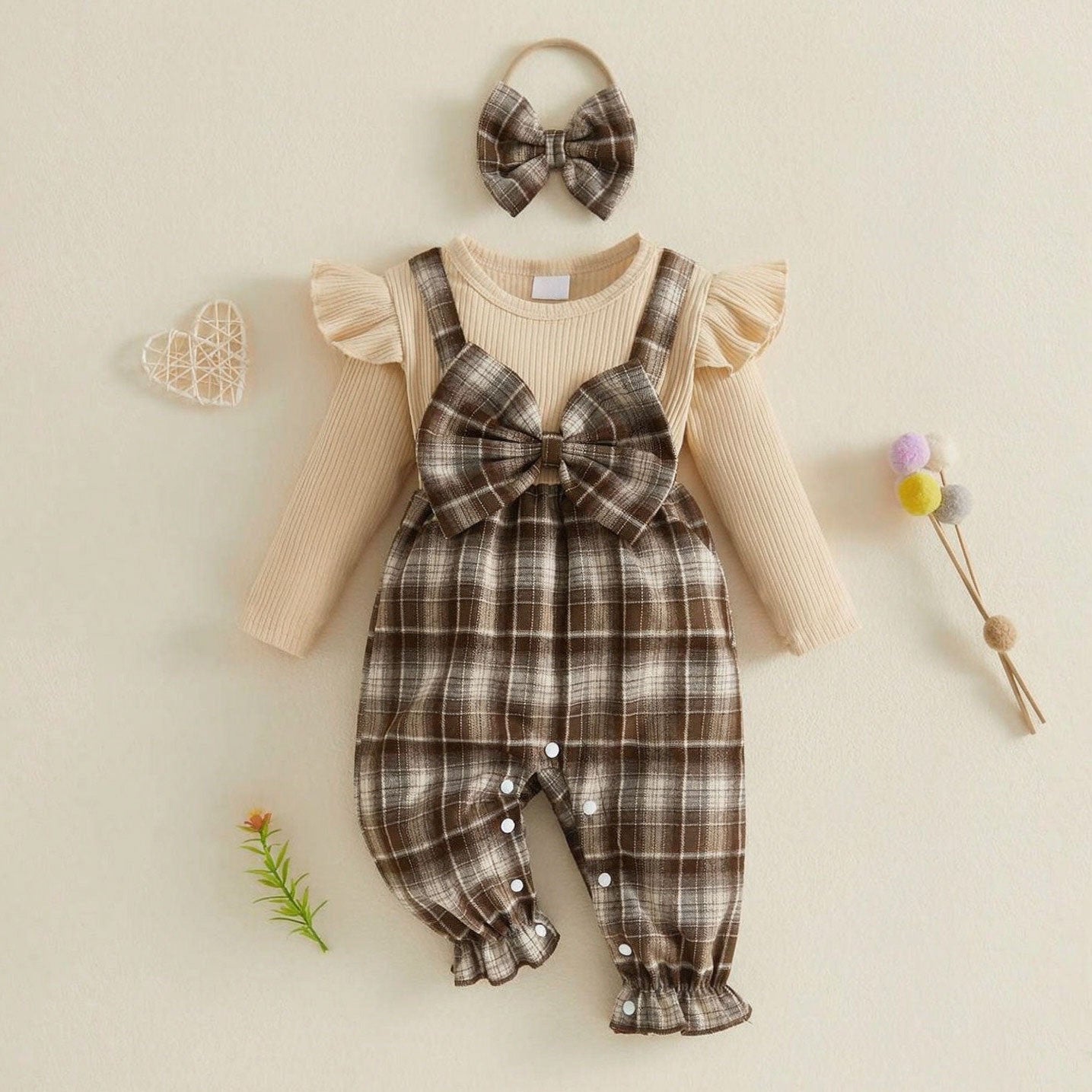 2PCS Precious Plaid Printed Bow Long Sleeve Baby Jumpsuit