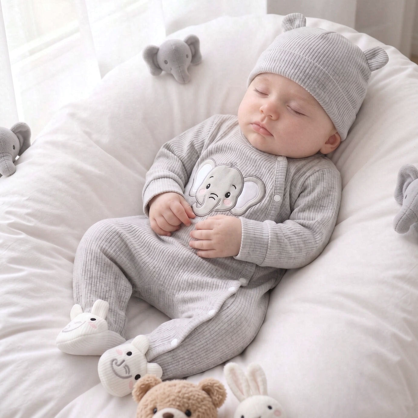 Lovely Elephant Appliqué Knit Long Sleeve Baby Jumpsuit