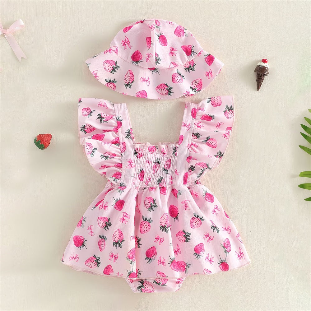 2PCS Sweet Strawberry Printed Fly Sleeve Baby Romper