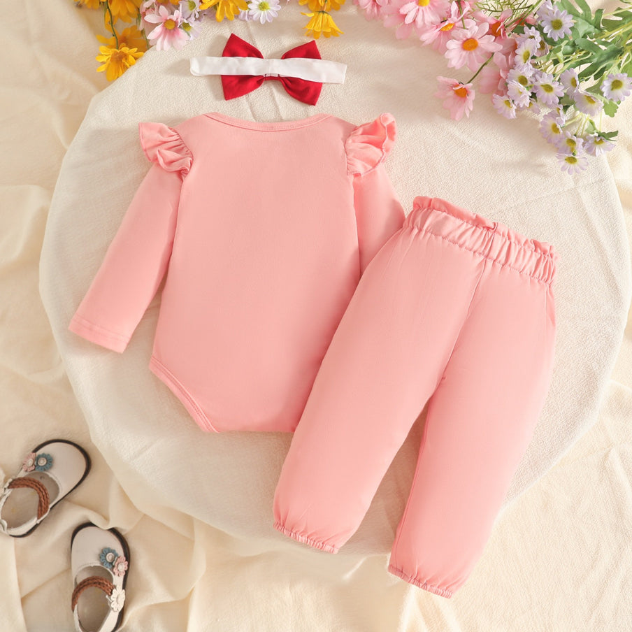 3PCS Daddy's Girl Mommy's World Letter Print Floral Appliqué Baby Set