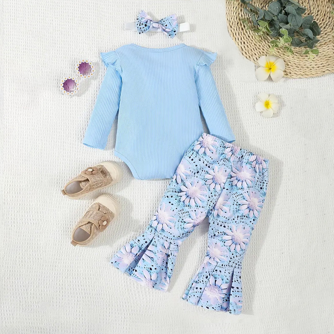 3PCS Pretty Floral Printed Long Sleeve Flare Pants Baby Set