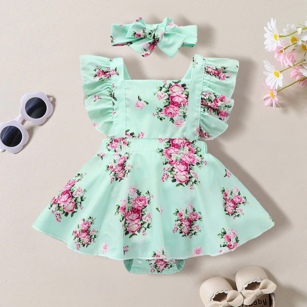 2PCS Darling Allover Floral Printed Sleeveless Baby Romper