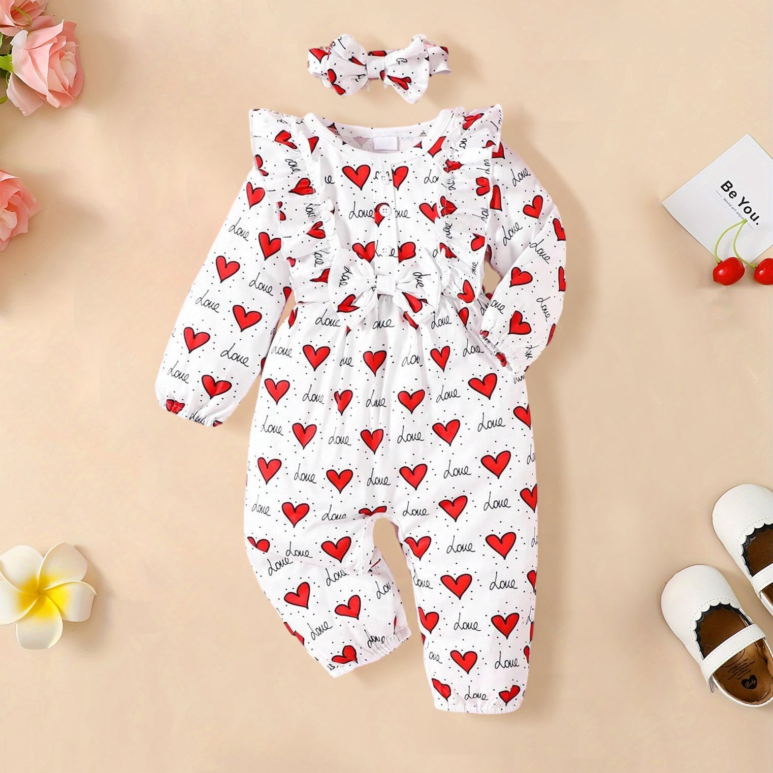 2PCS Heart and Letter Printed Long Sleeve Baby Jumpsuit