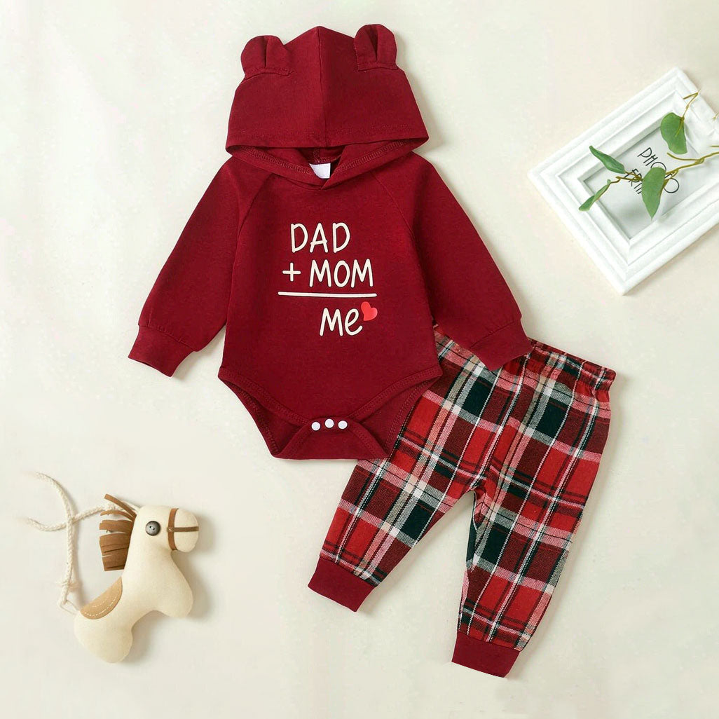 2PCS Dad Plus Mom Equals Me Letter Plaid Printed Hooded Baby Set