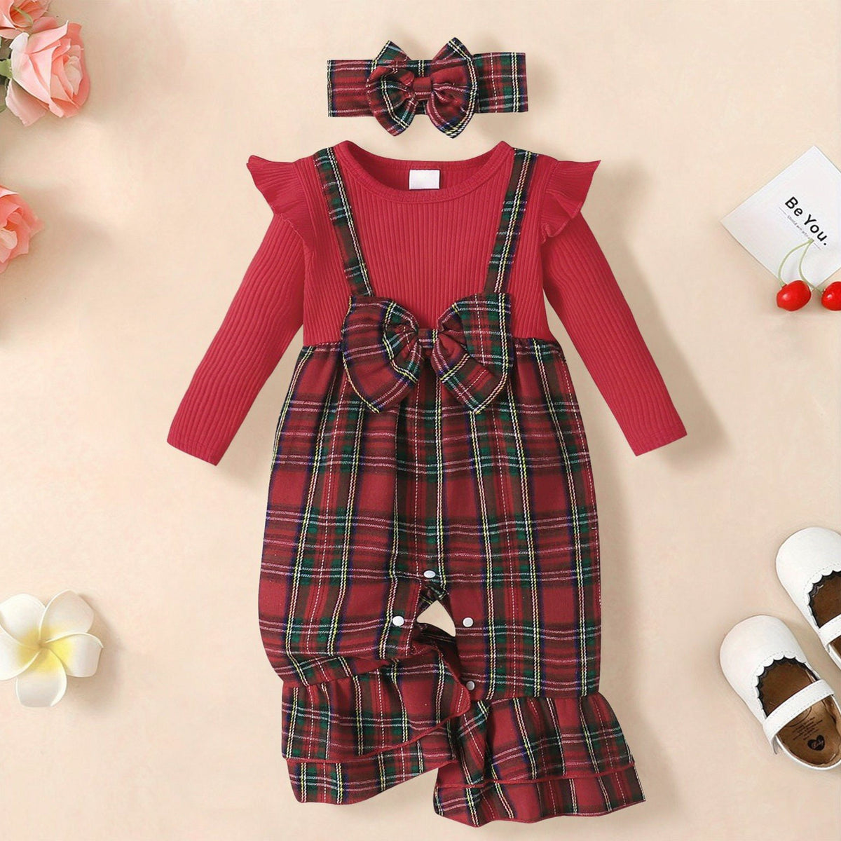2PCS Pretty Plaid Print Bow Long Sleeve Baby Girl Jumpsuit