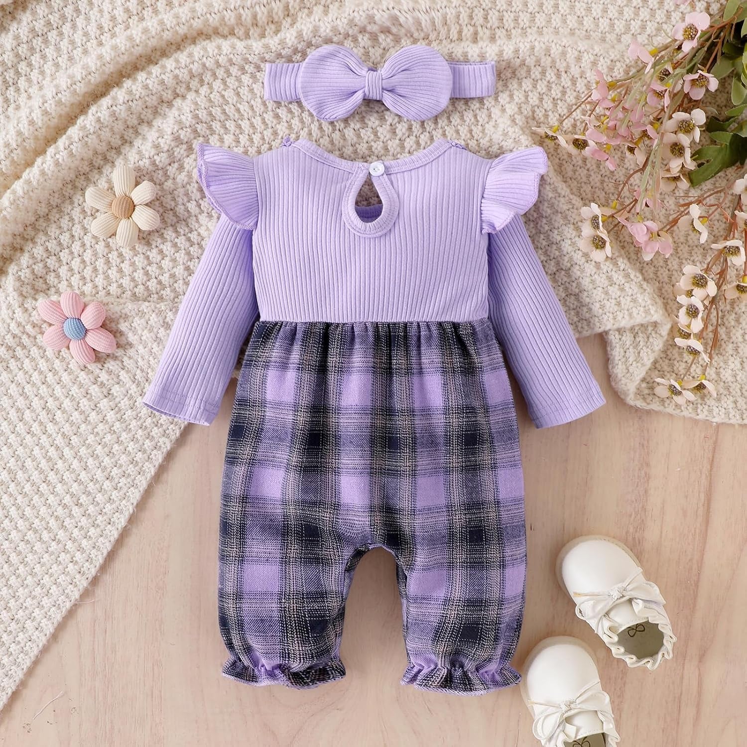2PCS Timeless Plaid Printed Long Sleeve Baby Jumpsuit