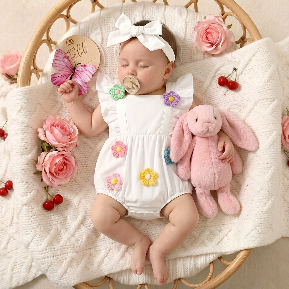 2PCS Floral Crochet Appliqué Flounce Sleeve Baby Romper