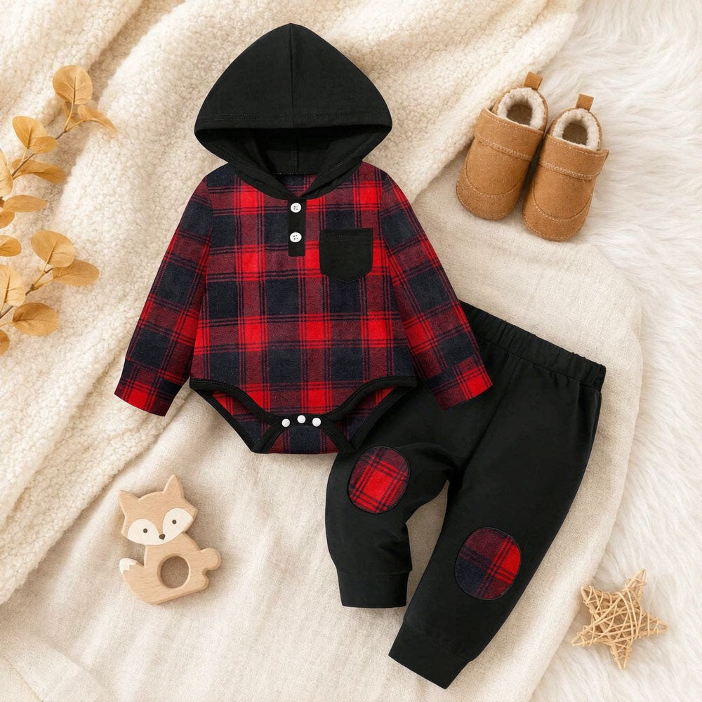 2PCS Dashing Plaid Printed Long Sleeve Baby Boy Hooded Set