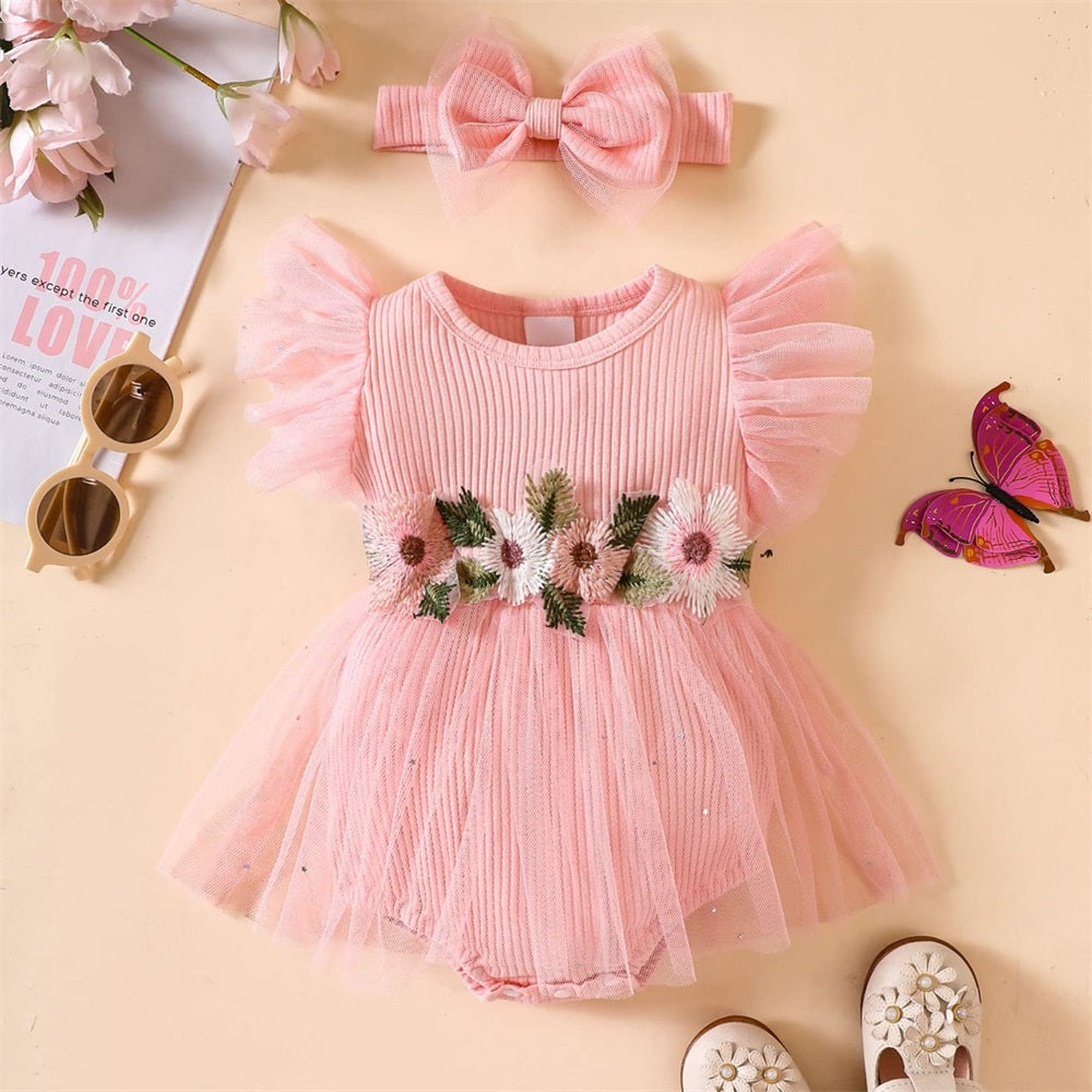 2PCS Floral Embroidery Fly Sleeve Tulle Skirt Baby Romper