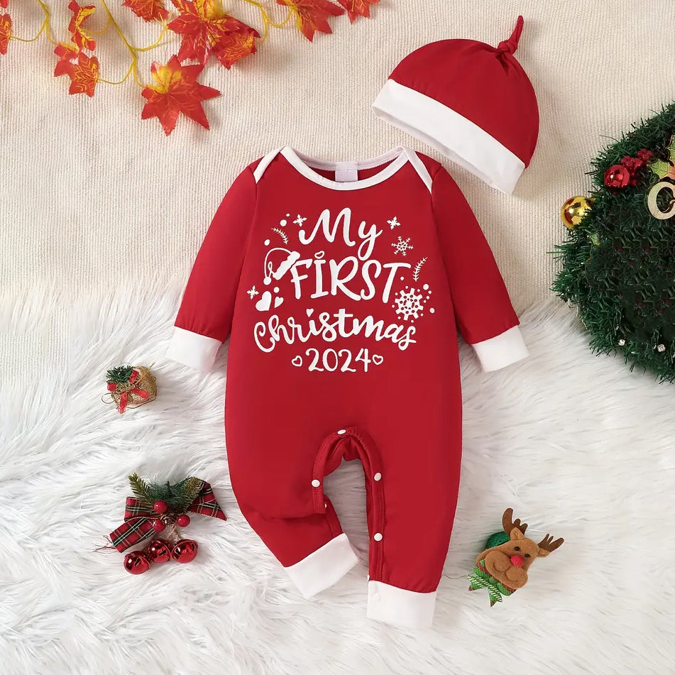 2PCS My First Christmas 2024 Letter Printed Baby Jumpsuit