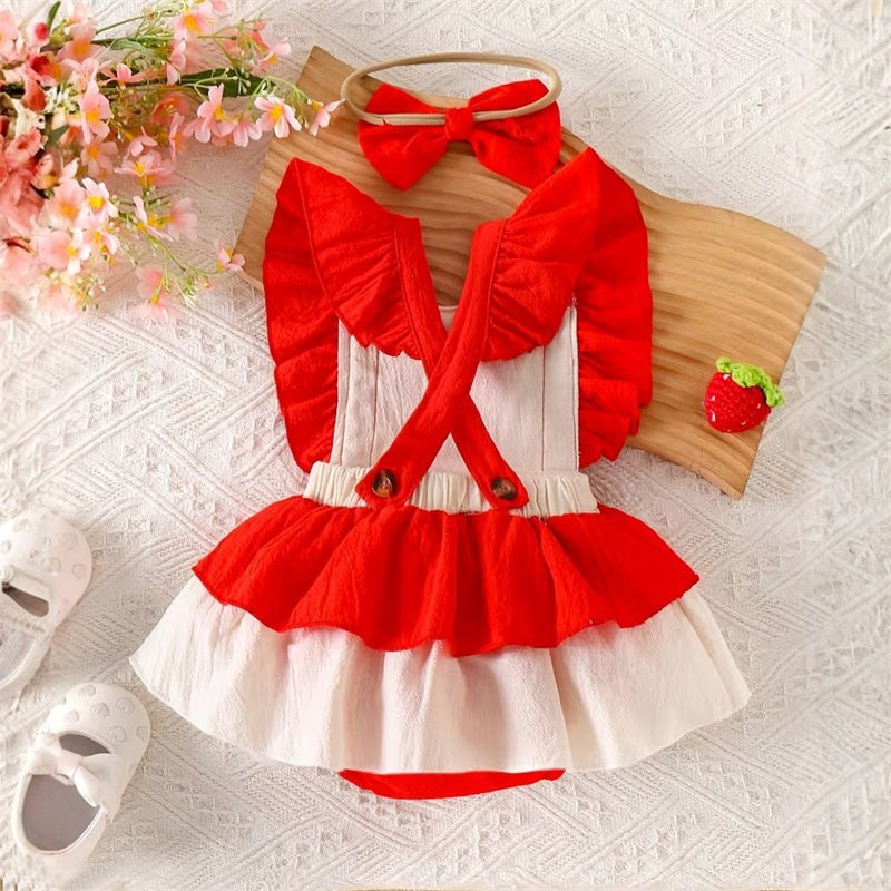2PCS Cute Strawberry Embroidery Fly Sleeve Baby Romper