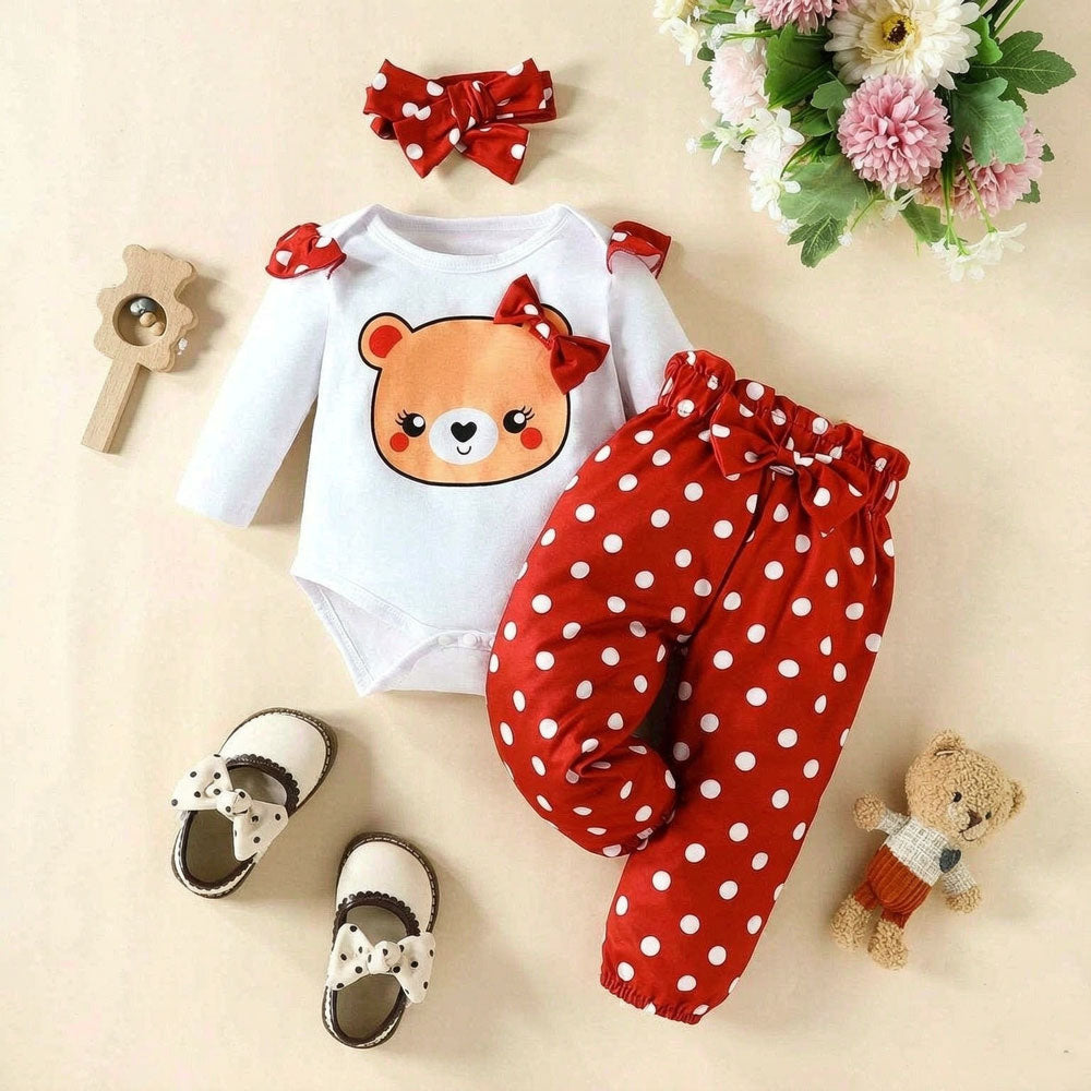 3PCS Lovely Bear and Polka Dots Printed Long Sleeve Baby Set