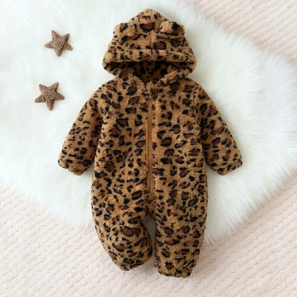 Fuzzy Leopard Printed Zipper Long Sleeve Baby Jumpsuit