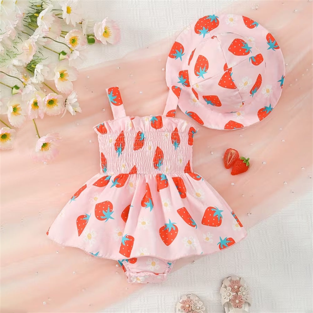 2PCS Casual Cute Strawberry Printed Strap Baby Romper