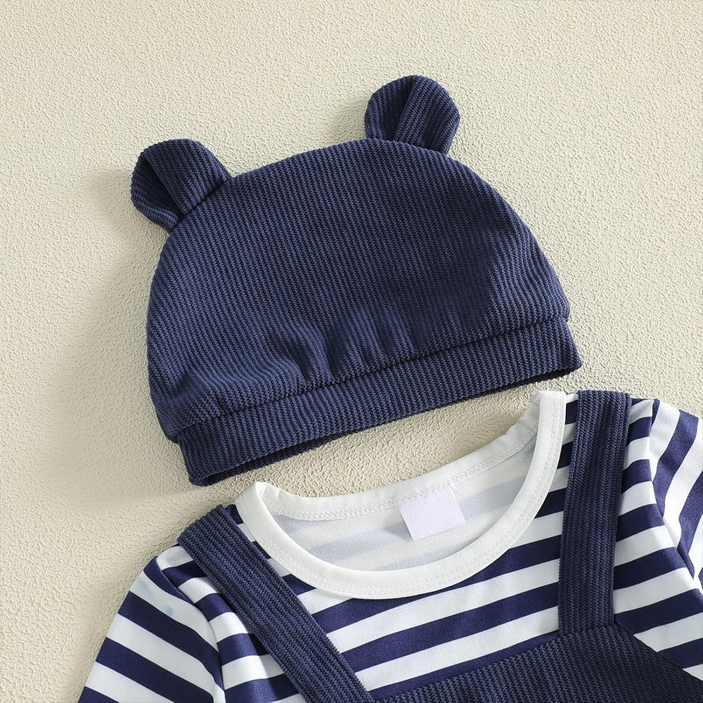 2PCS Adorable Bear Stripe Print Bow Baby Jumpsuit