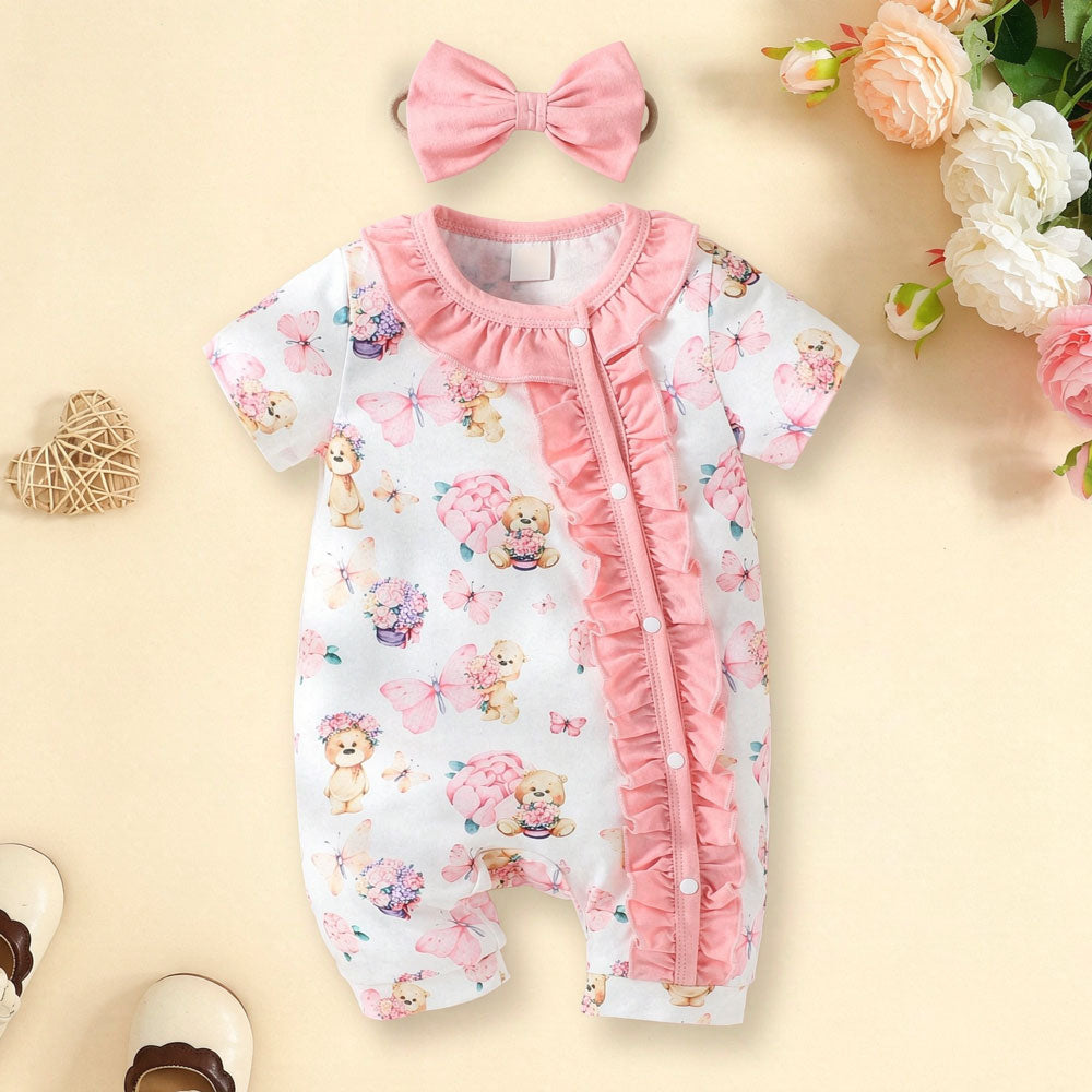 2PCS Sweet Bear Floral Print Short Sleeve Baby Jumpsuit