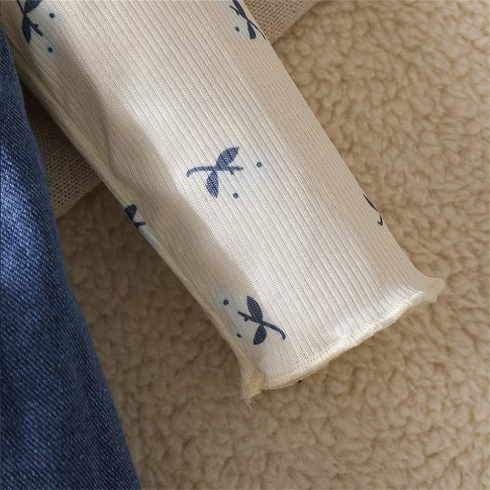 2PCS Floral Print Long Sleeve Baby Denim Overalls Set