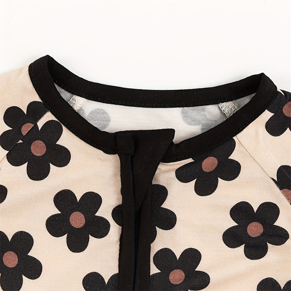 Cute Floral Print Long Sleeve Zipper Baby Jumpsuit