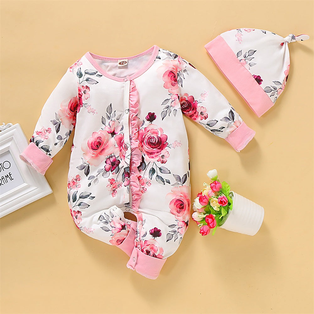 2PCS Stylish Floral Print Frill Trim Long Sleeve Baby Jumpsuit